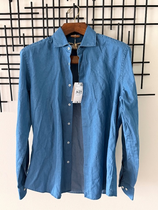 Mango Other - NWT MANGO Man Men’s Blue Chambray Shirt Slim Fit Size Large L